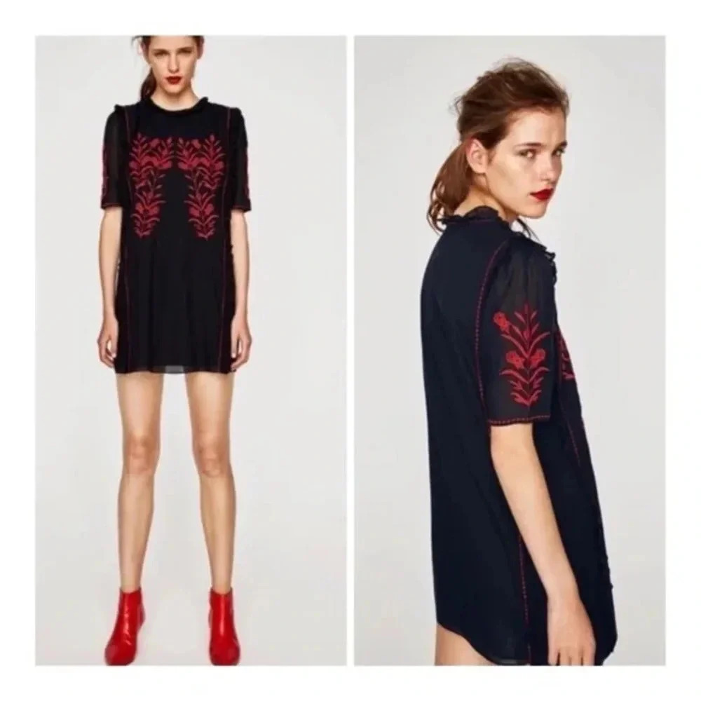 Zara Embroidered Dress Floral Ruffle Trim‎ Black Red Short Sleeve Size XS
